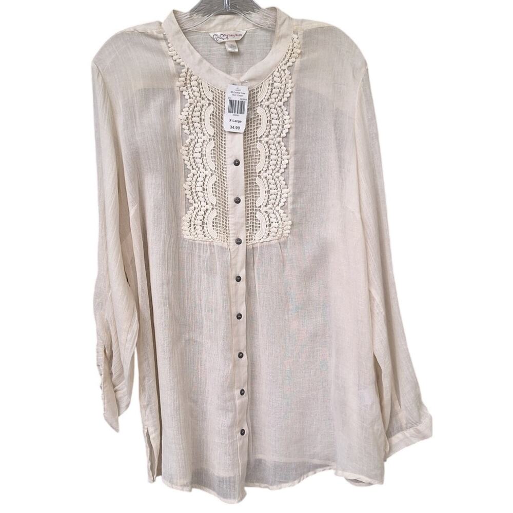Krazy Kat Women's Gauze 100% Cotton Crochet Yoke Tunic Top Shirt Cream XL